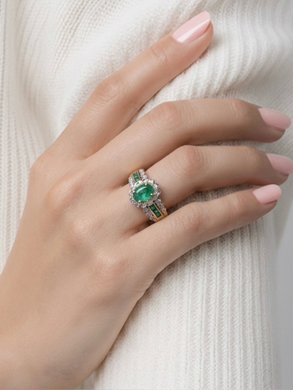 14K Gold Natural Emerald & Diamond Ring 0.52 CTW Size 5 Vintage Halo